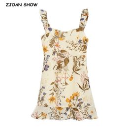 French Style Summer Vintage Yellow Brown Floral Print Women Dress Chic Tank Mini Vestidos Slim Wood Ears Ruffles Sling Dresses 210429