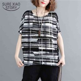 Summer Women Blouse Shirt Short Sleeve Tops Feminine s Print Black Chiffon Blusas 0275 40 210506