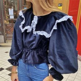 Casual Black Lace Spliced Blouse Shirt Flare Sleeve Women Shirts Elegant Office Lady Peter pan Collar Tops Blusa 210430