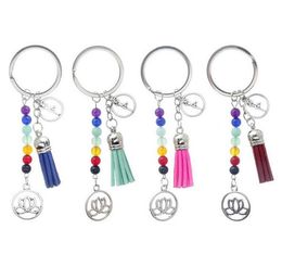 Seven Chakra Stone Tassel Keychain Pendant Lotus Reiki Healing Yoga Natural Gemstone Beaded Key Chain Creative Keyring Gift