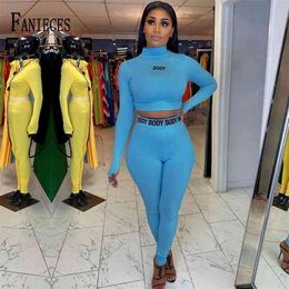 Spring Fall Letter Print Sporty 2 Two Piece Matching Set Workout Women Long Sleeve Crop Top And Leggings Tracksuit Outfits 210520