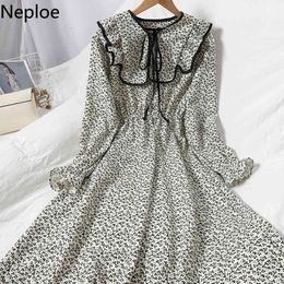 Neploe Chic Dresses for Women Floral Temperament Vestidos Lace Up Ruffles Robe Fall Clothes Korean Elegant Cloak Shawl Dress 210422