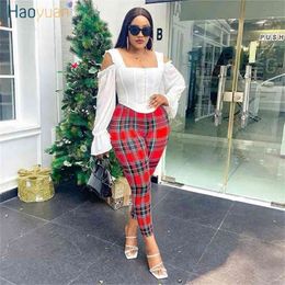 HAOYUAN Plaid Pants Y2k Summer Bottoms Elastic Aesthetic High Waist Bodycon Trousers Office Lady Casual Pencil Sweatpants 210915