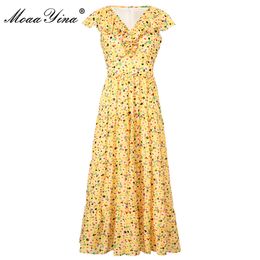 Summer Runway Chiffon Dress Women Sleeveless Ruffle Fashion Bohemian Floral print Holiday Midi 210524
