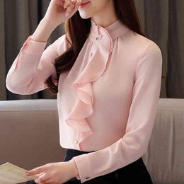 Blusas Mujer De Moda Long Sleeve Blouse Women Ruffles Stand Collar Chiffon Blouse Women Tops Womens Tops And Blouses C472 210602