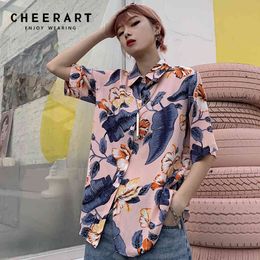 Harajuku Floral Blouse Women Summer Top Button Up Loose Shirt Short Sleeve Blouses Streetwear Clothes 210427