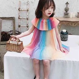 Summer Girls Dress Doll Collar Gradient Chiffon Fashion Pleated Princess Party es Baby Girls' Clothin 210528