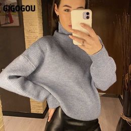 GIGOGOU Winter Wool Solid Women Knitted Foldover Turtleneck Sweater Oversized Throat Soft Female Jumper Cashmere Pullovers Tops 210805