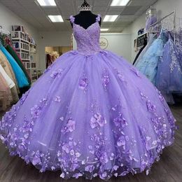 Mor Quinceanera Glitter Elbiseler Spagetti kayışı sarar tatlı 15 önlük 3d çiçek boncuk vestidos 16 balo parti giyer