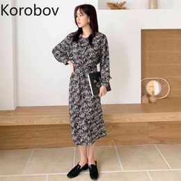 Korobov Korean O Neck Long Sleeve Women Dress Vintage Print High Waist Chiffon Dresses Summer Chic OL Casual Vestidos 210430