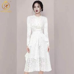 Fashion Designer Runway Lace Dress Women Long Sleeve Hollow Out Ruffle White Belt Elegant Vacation Vestidos 210520