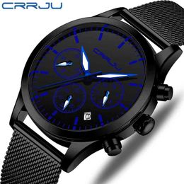 Man Watch CRRJU Chronograph Sport Casual Calendar WristWatch Men's waterproof Dress Quartz watches Black Blue reloj hombre 210517