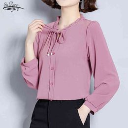 Spring Long Sleeve Solid Women Blouse Chiffon Casual Vintage Plus Size Cardigan Shirt Female Tops Blusas 7922 50 210508