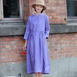 Johnature Spring Cotton Linen Fashion Stand Pockets Drawstring Long Sleeve Dress Leisure Retro Solid Colour Women Dress 210521