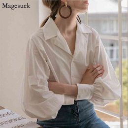 Vintage Lantern Sleeve White Blouse Women Single-breasted Cotton Shirt Tops Female Plus Size Casual Blouses And Shirts13476 210512