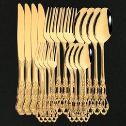 Dinnerware Sets Kitchen Flatware Cutlery Set Unique European Gold Mirror Polish Silverware Dinner Knife Fork Spoon Tableware