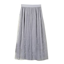 Gray Apricot Black White A Line Mesh Lace Beading Solid Long Midi Skirt Empire S0189 210514