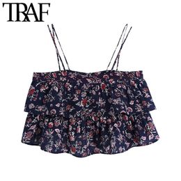 TRAF Women Fashion With Frills Printed Cropped Blouses Vintage Thin Straps Ruffled Hem Female Shirts Blusas Chci Tops 210415