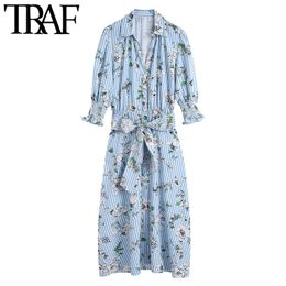 TRAF Women Chic Fashion With Belt Floral Print Midi Shirt Dress Vintage Short Sleeve Button-up Female Dresses Vestidos 210415