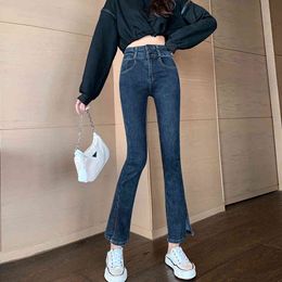 JXMYY high waist jeans women's autumn wear new flared trousers slim tall fashion temperament split pants trend double buckle 210412