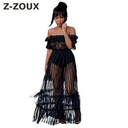 Women Dress Gauze Hollow Out Sexy Slash Neck Off The Shoulder Long Fashion Party es Summer 210513