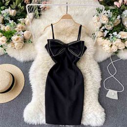 Women Black Sleeveless Spaghetti Strap Decoration Bow Front Backless Party Dress Summer Chic Mini Club 210603