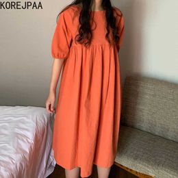 Korejpaa Women Dress Summer Korean Chic Ladies Niche Orange Round Neck Open Back Lace Pleated Loose Puff Sleeve Vestidos 210526