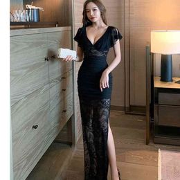 LDYRWQY long slim low cut night show sexy dress V-Neck Winter Regular Knee-Length Zippers 210416