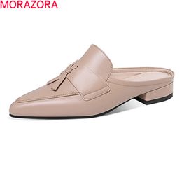 MORAZORA Big Size 34-41 Women Slippers Genuine Leather Casual Shoes Square Heels Pointed Toe Ladies Mules Shoes 210506