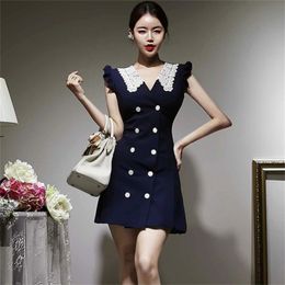 Women Lace With V-Neck Double Breasted Sleeveless High Waist Bodycon Mini Dress Korean Elegant Office Lady Slim Dresses 210519