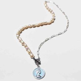 Retro fashion frhwater pearl stitching chain necklace European and American relief portrait OT necklace tide 371