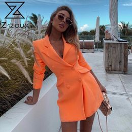Women Blazer Double Breasted Vintage s Jackets Casual Orange Oversized Coats Fashion 210524