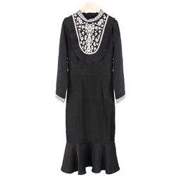 Black O Neck Floral Embroidery Long Sleeve Mermaid Dress Knee Length Ruffle Spring Autumn D2103 210514