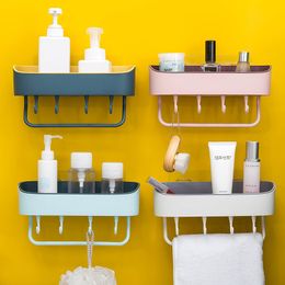 Stanzfreies Badregal aus Kunststoff zum Aufhängen an der Wand, selbstklebendes Seifen- und Shampoo-Halter, Aufbewahrungsregal mit 4 Kleiderbügeln