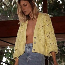 Jastie Boho Crochet Hollow Knitted Cardigan Sweaters Jewellery Button Elegant Yellow Sweaters Cardigans Jacket Winter 210419