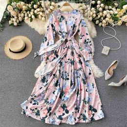 Spring Temperament European American Print Maxi Vestidos Femininity Lace Round Neck Big Swing Dress C411 210506