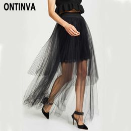 Fashion Mesh Women Long Tulle Skirt Asymmetrical See Through Maxi Jupes High Waist Pleat Spring Summer Chic Lady Saia 210527