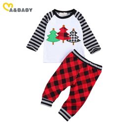 0-24M Christmas born Infant Baby Boy Clothes Set Long Sleeve Tree T shirt Plaid Pants Outfits Xmas Costumes 210515