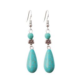 Tibet Silver Oval Turquoise Dangle Earrings Long Flowers Drop Earring Water Droplets jewelry