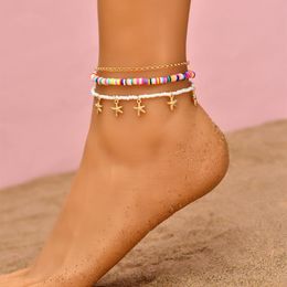 Anklets 3Pcs/set Vintage Colourful Polymer Clay Beads For Women Bohemia Beach Multilayer Starfish Pendant Ankle Bracelet Jewellery