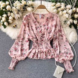 Spring Chiffon Blouse Female Sweet Wood Ears Waist and Thin Blusa Temperament V-neck Slim Short Puff Sleeve Shirt C275 210506