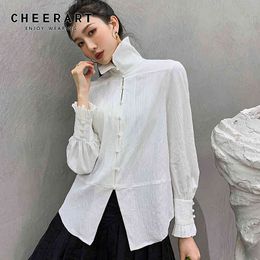 Spring Long Sleeve White Shirt Womens Tops And Blouses Ruched Lantern Designer Button Up Korean Style Women 210427