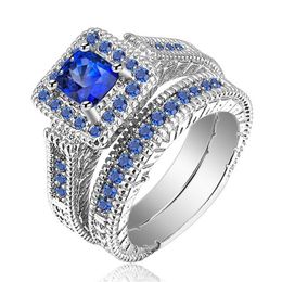 Wedding Rings Luxury Big Blue Stone Crystal For Women Sliver Colour Engagement Jewellery 2Pcs/Set