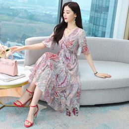 summer fashion Elegant women short sleeve V Collar Floral Print casual chiffon Dress 210531