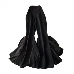 [EQW]Plus Size All Match Long Trousers Women Fashion Flare Pants Pant Ruffle Vintage Black Clothing 210510