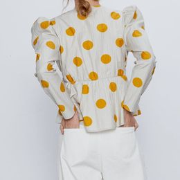 Fashion Polka Dot Bow Shirt Women 2021 Long Sleeve V-neck Puff Shoulders Tops Female Elegant Print Office Blouse Blusas