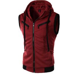 Mens Hooded Sleeveless Zip Casual Sweatshirt Hoodies Summer Autumn Solid Colour Cotton Jacket Vest Waistcoats Top 210715