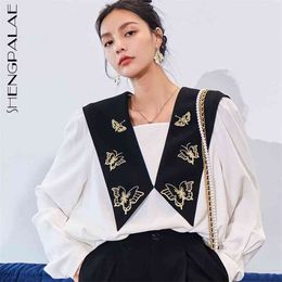 Temperament Butterfly Embroidery Blouse Women's Spring Lapel Loose Long Sleeve Contrast Color Shirt 5C133 210427