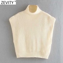 Zevity Women High Street Turtleneck Collar Shoulder Padded Design Knitting Sweater Femme Chic Casual Pullovers Tops S491 210603