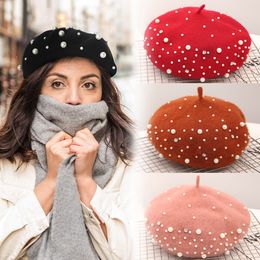 Women Girl Crystal Pearl Beret French Artist Warm Wool Winter Beanie Hat Cap Vintage Plain Beret Hats Solid Colour Elegant Caps